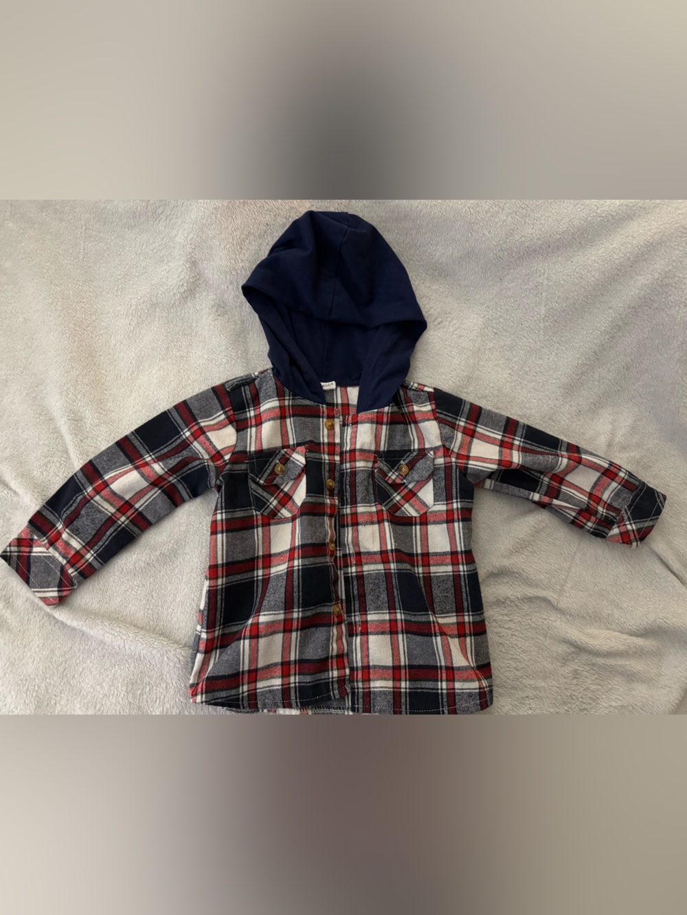 Kids Plaid Hooded Button-Down Shirt in Red, Navy & White